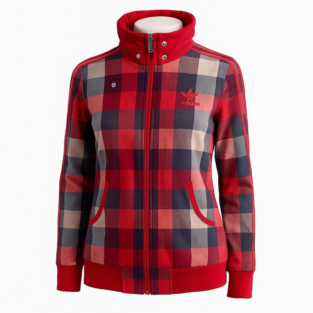 Adidas Womens Checkered zip up Jacket Red & Navy Plaid Full Zip Medium